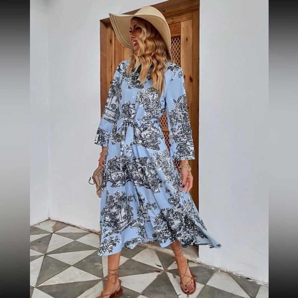 Floral Print Self Tie Shirt Dress NWOT